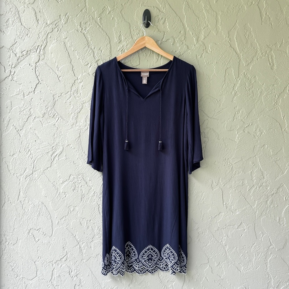 Chico's Women's 0 Navy Blue Small Embroidered Hem 3/4 Sleeves Novelty Dress NWOT